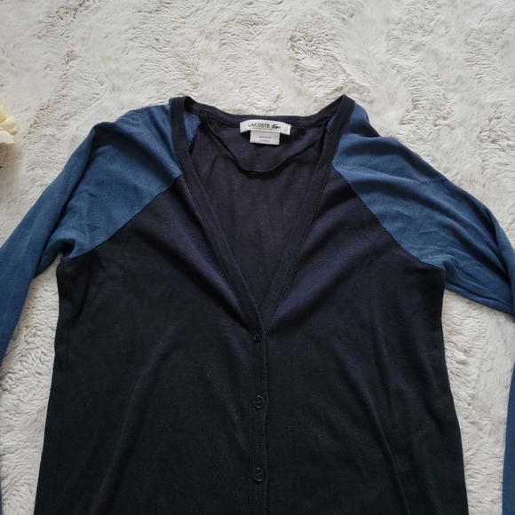 Lacoste Two Tone Blue Cotton Blend Button Up V Neck Cardigan Sweater Size 34 - Picture 5 of 11